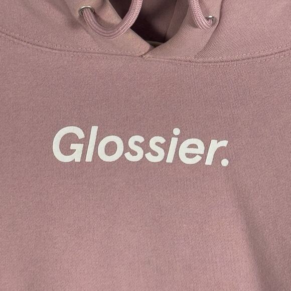 Glossier Pink Logo Hoodie Small Smiley Back Graphic Pullover Sweatshirt - Picture 2 of 8